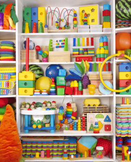 Different toys in a cabinet